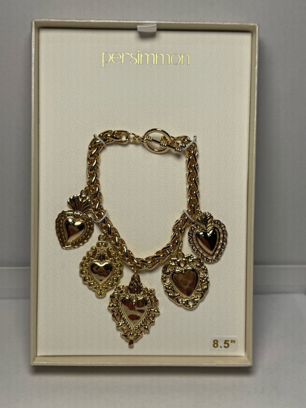 Persimmon Gold Tone Sacred Heart Charm Bracelet 8.5” Chunky Chain Statement NIB